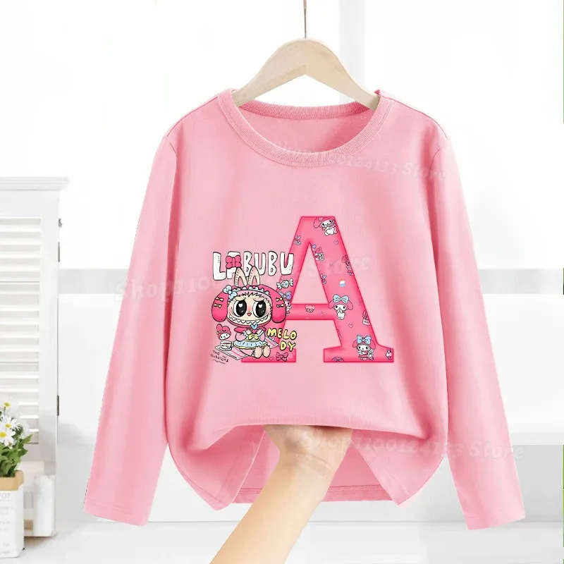

Labbubu tune girls thin pink T-shirt cute letters A-Z anime pullovers clothes long sleeve tops kids party kawaii gift