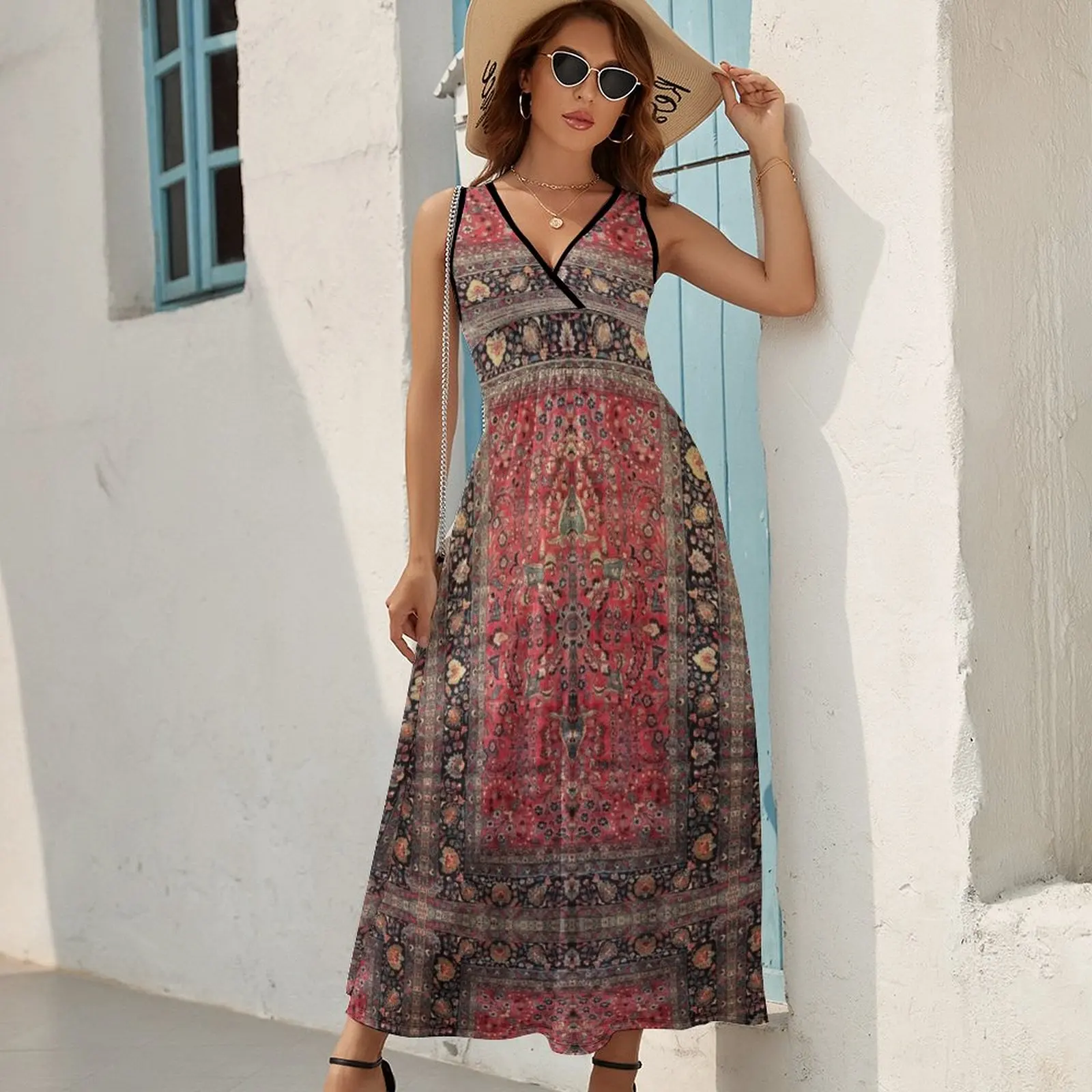 Antique Persian Red Rug Sleeveless Dress festival outfit women Beachwear