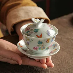 Glazed Enamel Butterfly Lid Sancai Gaiwan Tea Tureen Kungfu Tea Cup Infuser Bowl Tea Set Kitchen Teaware