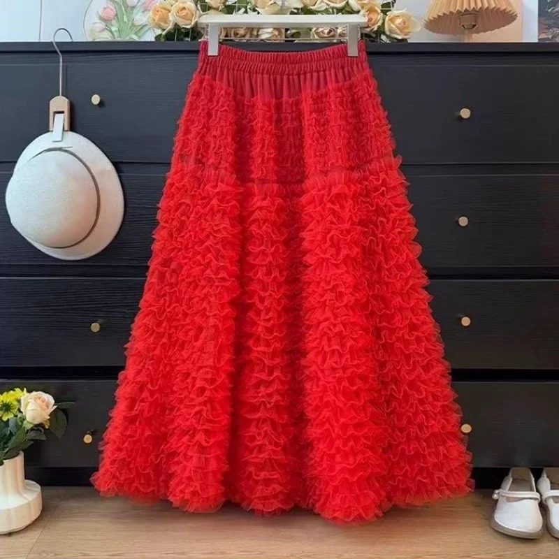 Gonna soffice in rete multistrato stile francese all'inizio della primavera con gonna a pieghe a pieghe a vita alta stile moda w1811