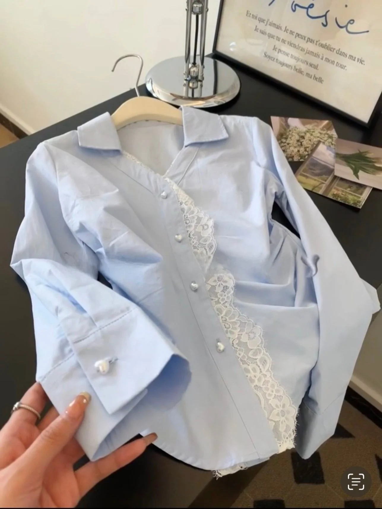 

Blue Lace Splice Women's irt Spring 2026 Korean Sle Slim Fit Breathable Cotton Polyester Blend Long Sve Button up