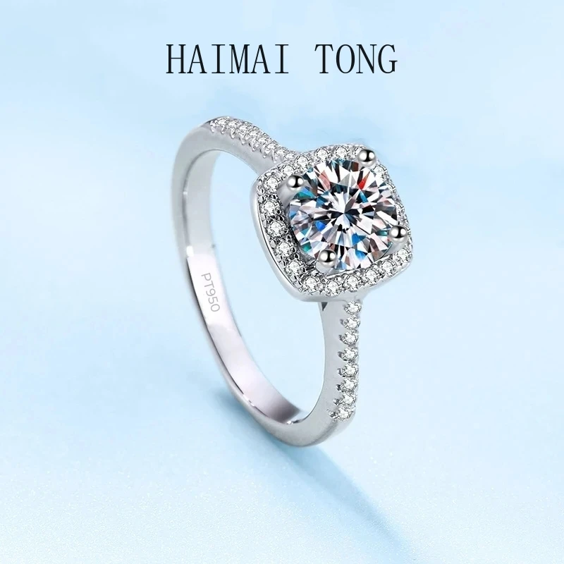 Quality Jewelry Four Claw Inlay PT950 Platinum Rings Moissanite VVS1 D Color 0.5/1CT Diamond Round Circular Pronged Women Ring