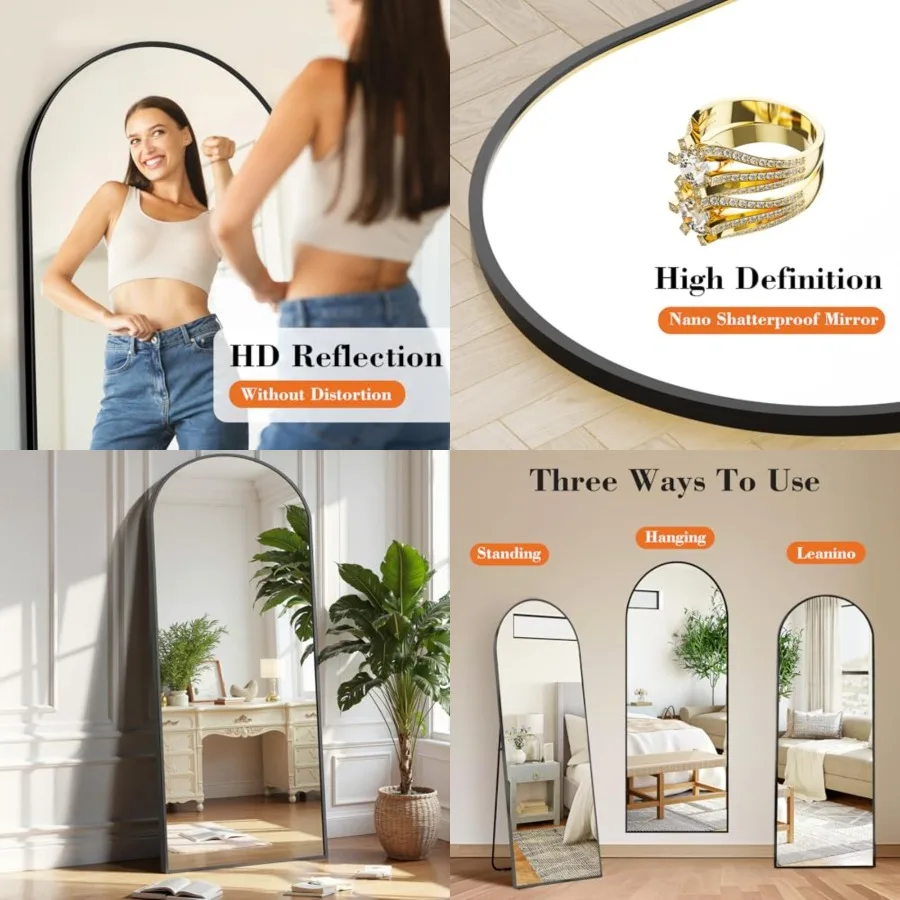 

Black Arched Full Length Mirror 60"x16" for Bedroom, Full Body Mirror with Stand, Hanging or Leaning for Wall, Aluminum Alloy Thin Frame Floor Standing for Living Room