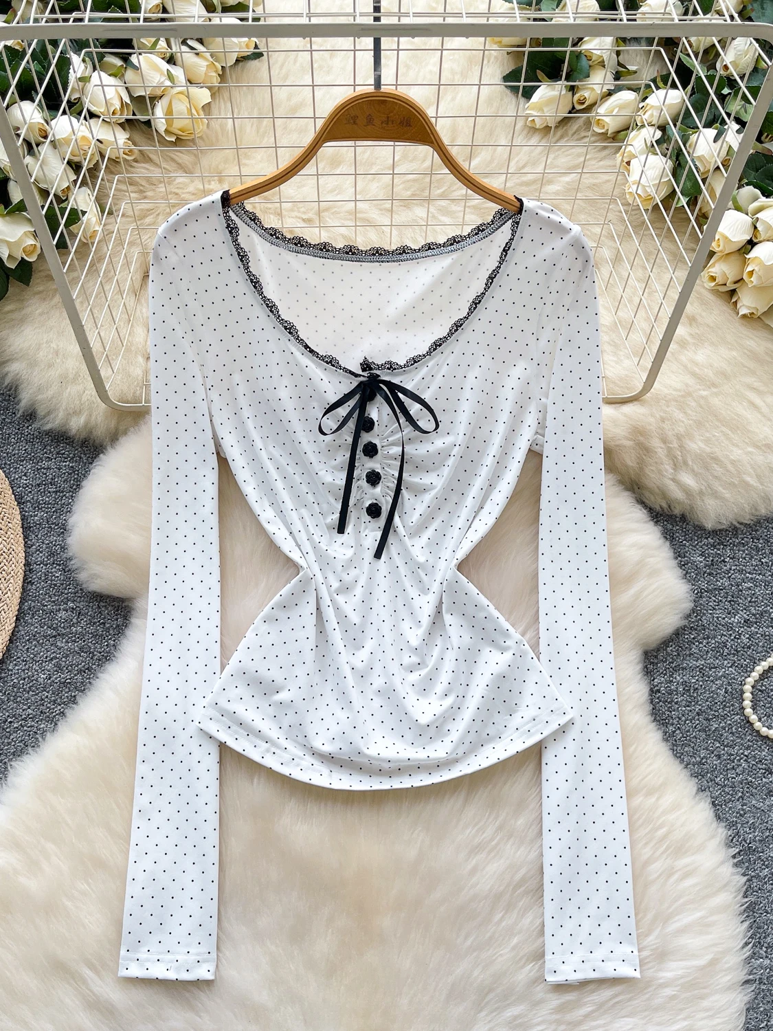 

Женская белая футболка Y2k Gyaru, винтажная эстетичная футболка в стиле Харадзюку, футболки в горошек с длинными рукавами, модная одежда 2000-х годов, осень