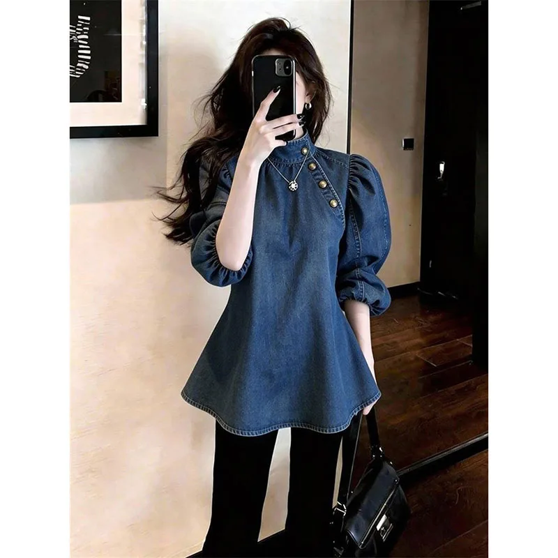 

Джинсовая рубашка с воротником-стойкой, модный дизайн, женская, весна-лето 2026, джинсовая верхняя одежда, женская модная ковбойская футболка