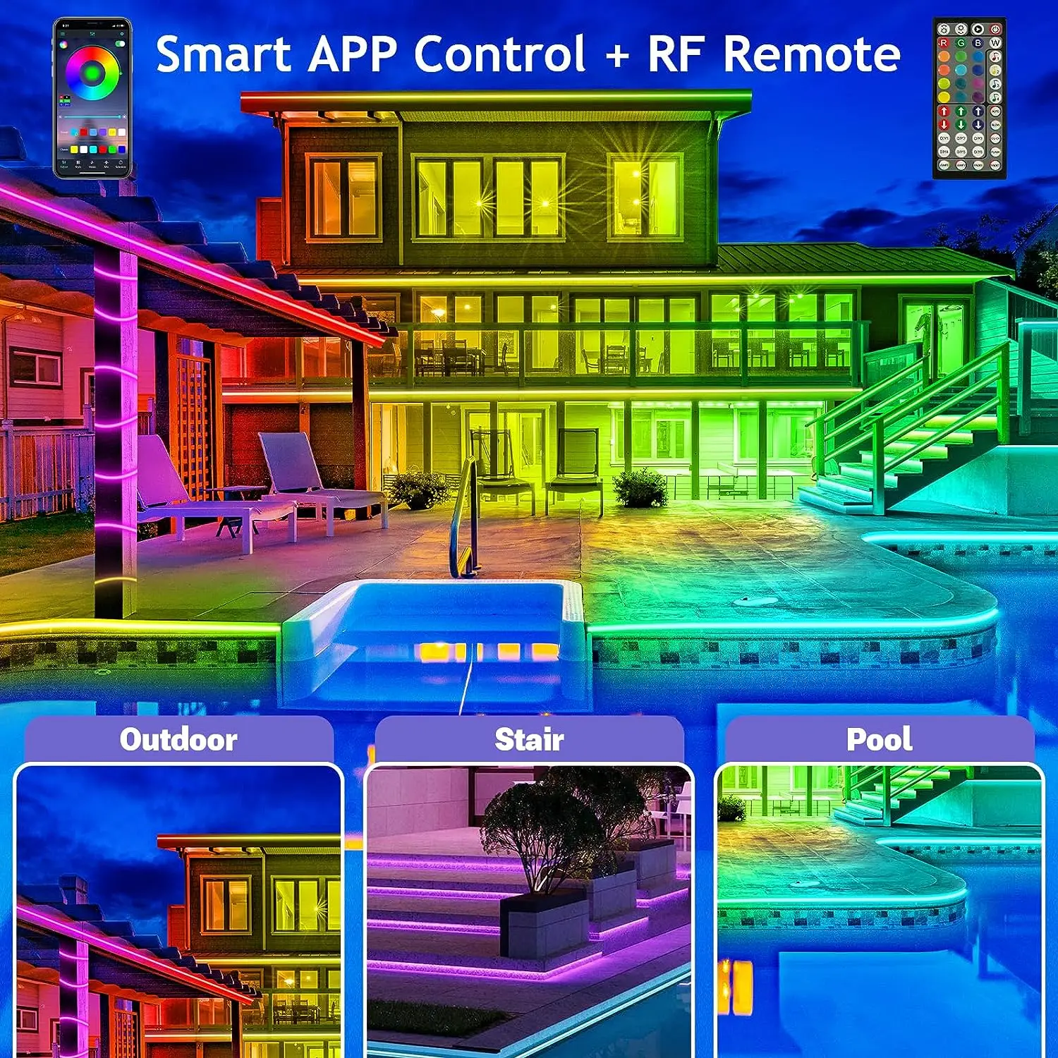 30M/20M RGB 5050 LED Strip IP65 Waterproof, SIlicone Tape with APP & 44-KEY Remote, Muisc sync, Color Change for Pool, Balcony
