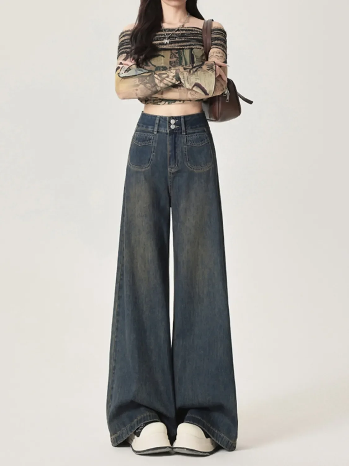 

Women's Wide Leg Jeans High Waist Washed Denim Retro Loose Fit Casual Streetwear Jeans