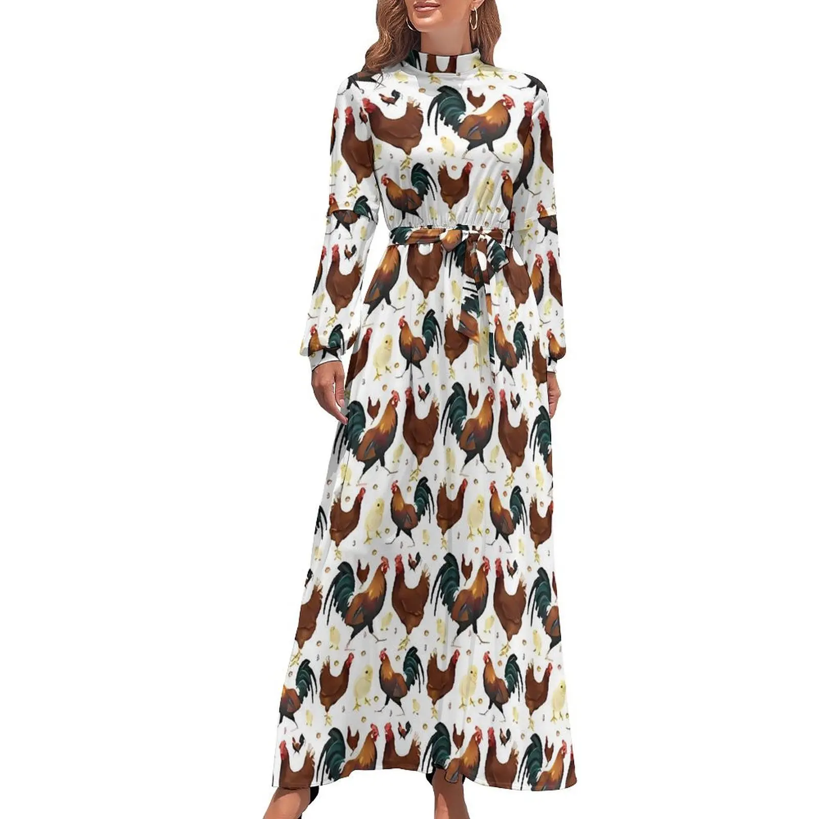 Rooster Chickens Dress Long Sleeve Animal Print Sexy Maxi Dress High Neck Casual Pattern Beach Long Dresses Gift