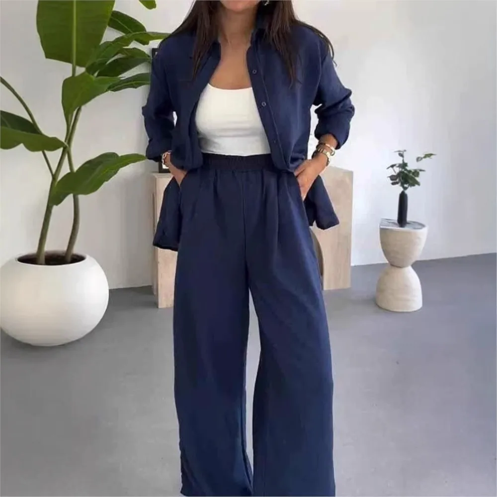 

Повседневная рубашка с длинными рукавами, широкие брюки, комплект из 2 предметов, женская осенняя новая свободная модная рубашка на пуговицах сзади, брюки, женский костюм