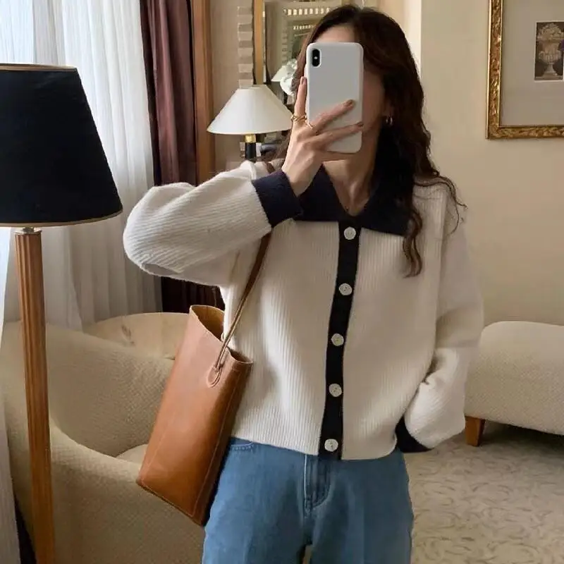 

Вязаный кардиган с воротником-поло для женщин, осень-зима, новый цветной свитер в ленивом стиле, топ, повседневная верхняя одежда, уютный трикотаж