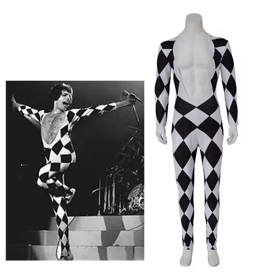 

Freddie Mercury Cosplay Costume Black and White Jumpsuit Lead Vocal Singer Jumpsuit Stage Performance Romper Costume