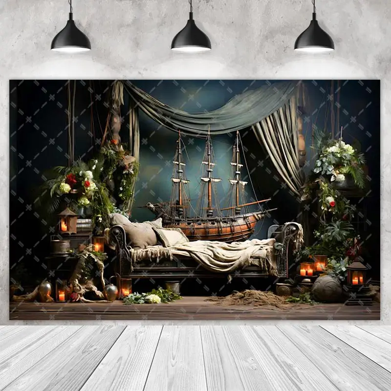 The World Of Pirates Backdrops Kids Children Boys Girls Photography Ship House Furniture Trees Background Photo Shoot Studio