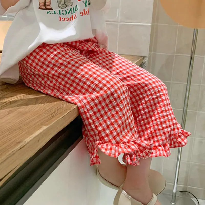 

Girls Summer Pants 2024 New Casual Fashion Plaid Lace Pants Lightweight and Comfortable Childrens Clothing for Outdoor