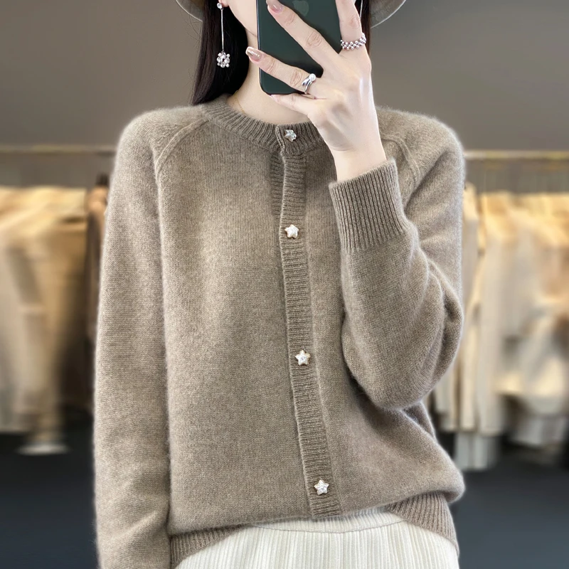 Women\'s Autumn And Winter Sweater Round Neck Basic Casual Loose Sweater 100% Pure Wool Long Sleeve Cardigan Korean Pop Top-D128