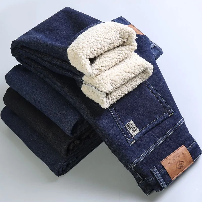 

Зимние новые модные трендовые однотонные плюшевые толстые теплые джинсы для мужчин, повседневные свободные спортивные прямые эластичные джинсы 28-40