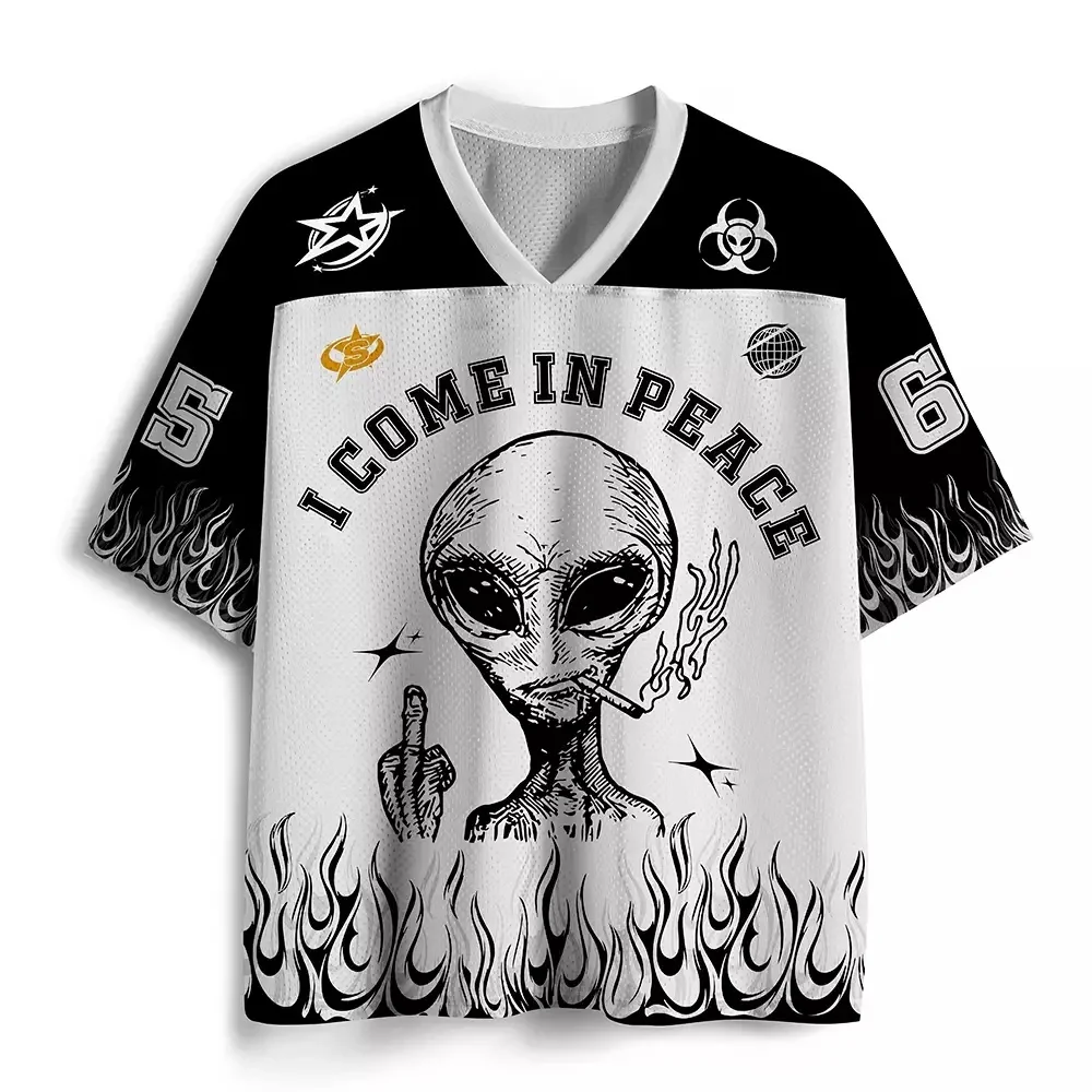 Retro Alien Pattern Color Blocked Flame Mesh Eye V-neck Short Sleeved Adult and Children's Oversized Street Top
