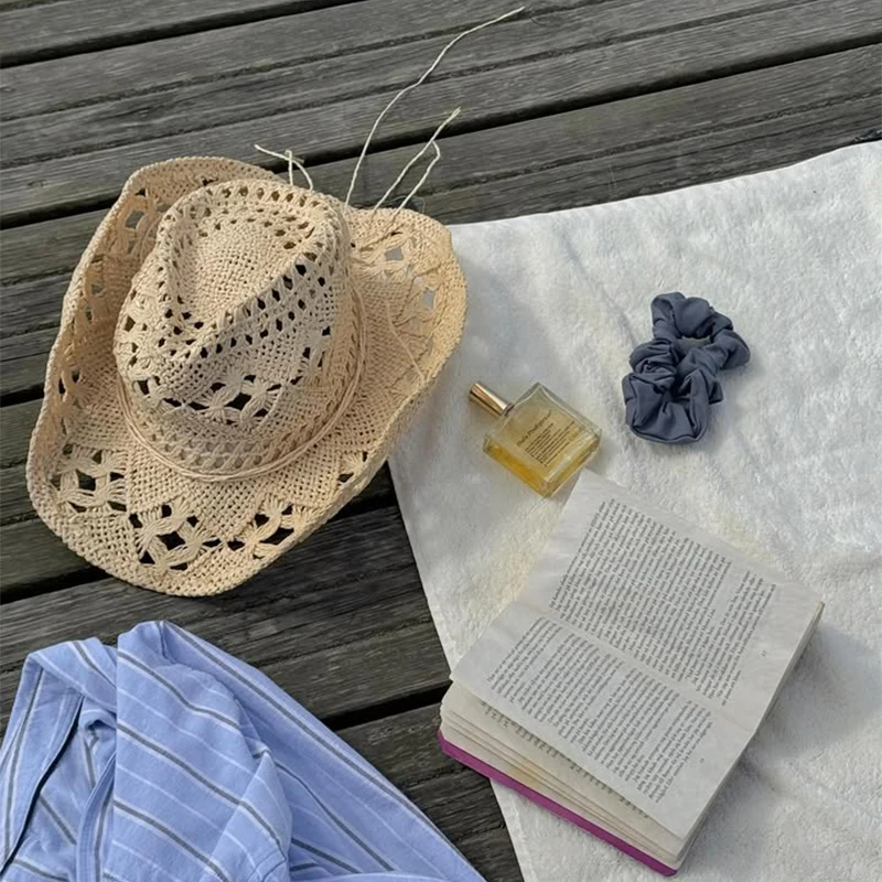 Frühling Sommer Neu: Ausgehöhlter Denim-Hut, handgewebter Strohhut, atmungsaktiver, cooler Hut mit hochgekrempelter Krempe für Damen, Camping, Urlaub