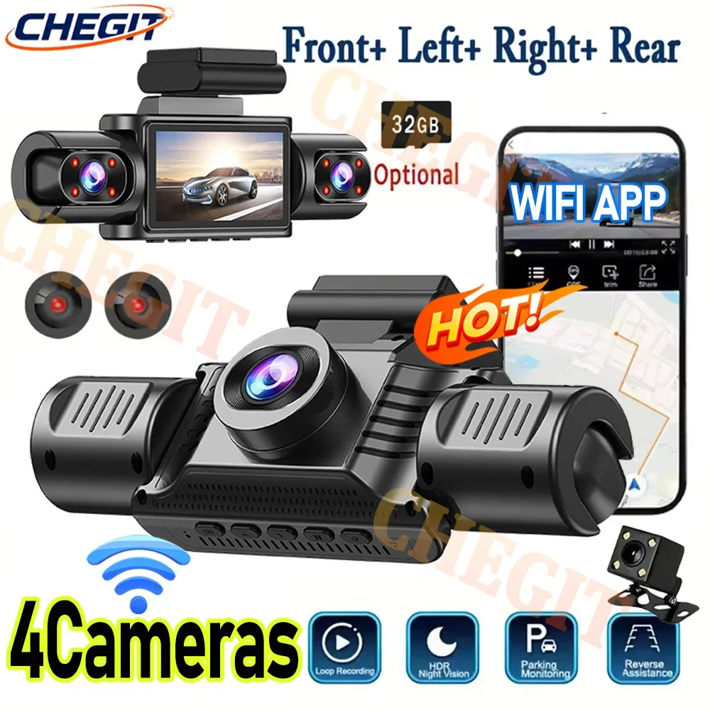 

360 ° Автомобильный видеорегистратор, 3/4 канала, черный ящик, Wi-Fi, передняя левая, правая, задняя петля ночного видения, запись, добавление комплекта проводов