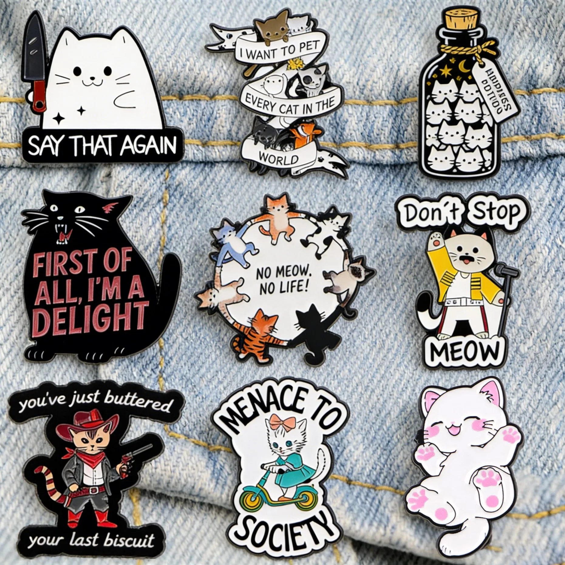 

FIRST OF ALL, I'M A DELIGHT Enamel Pin Black Cat Brooch Humorous Quotes Badge Clothing Accessories Animal Jewelry Gifts