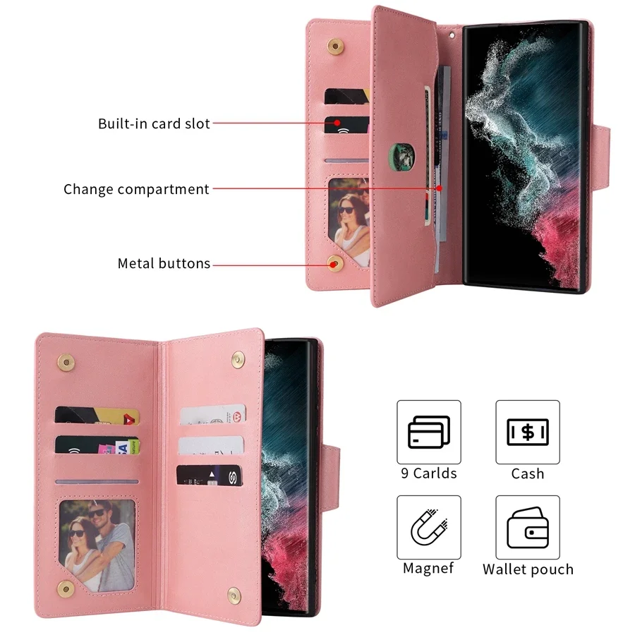 Wallet Rivet Buckle Zipper Leather Case For Samsung Galaxy S22 Ultra S21 FE S20 FE 2022 S10 S9 S8 Plus Note 20 Ultra 10 Lite 9
