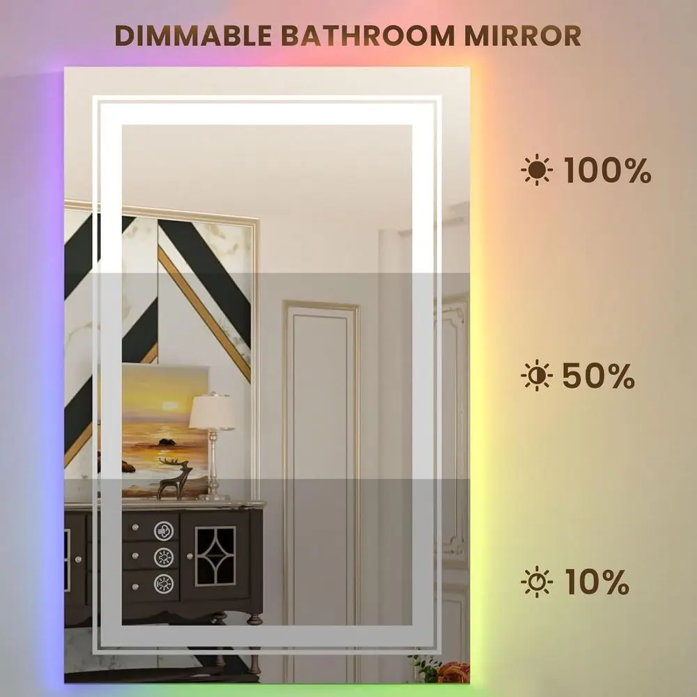 20x28 LED Illuminated Bathroom Mirror with RGB Backlight, 3 Front Lights, Stepless Dimmable, Anti-Fog, Memory Function, Shatter-