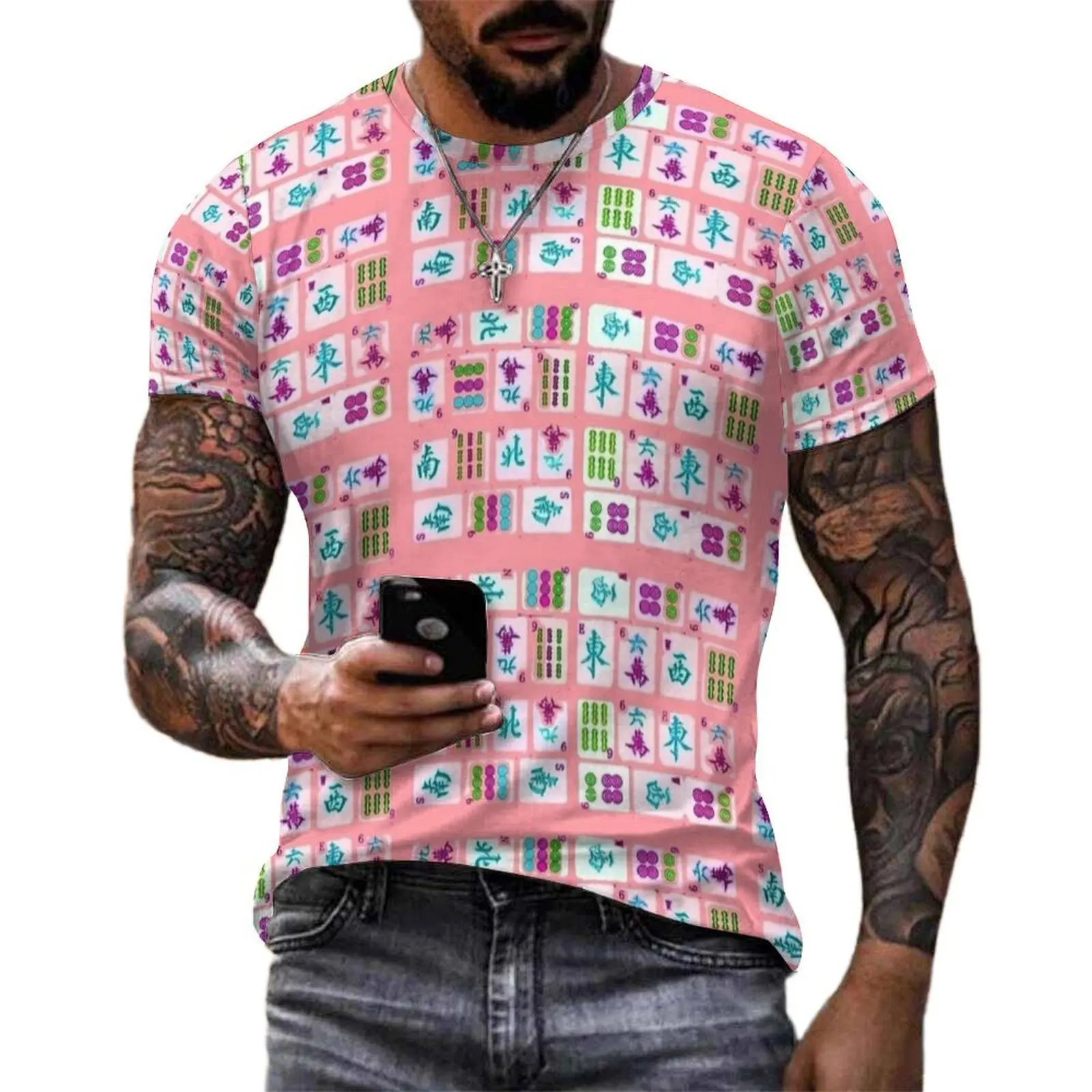 Pastel Pink Mahjong Tile Print T-Shirt Male  Casual T-Shirts Summer Trending Tees Short Sleeve Graphic Big Size Clothes