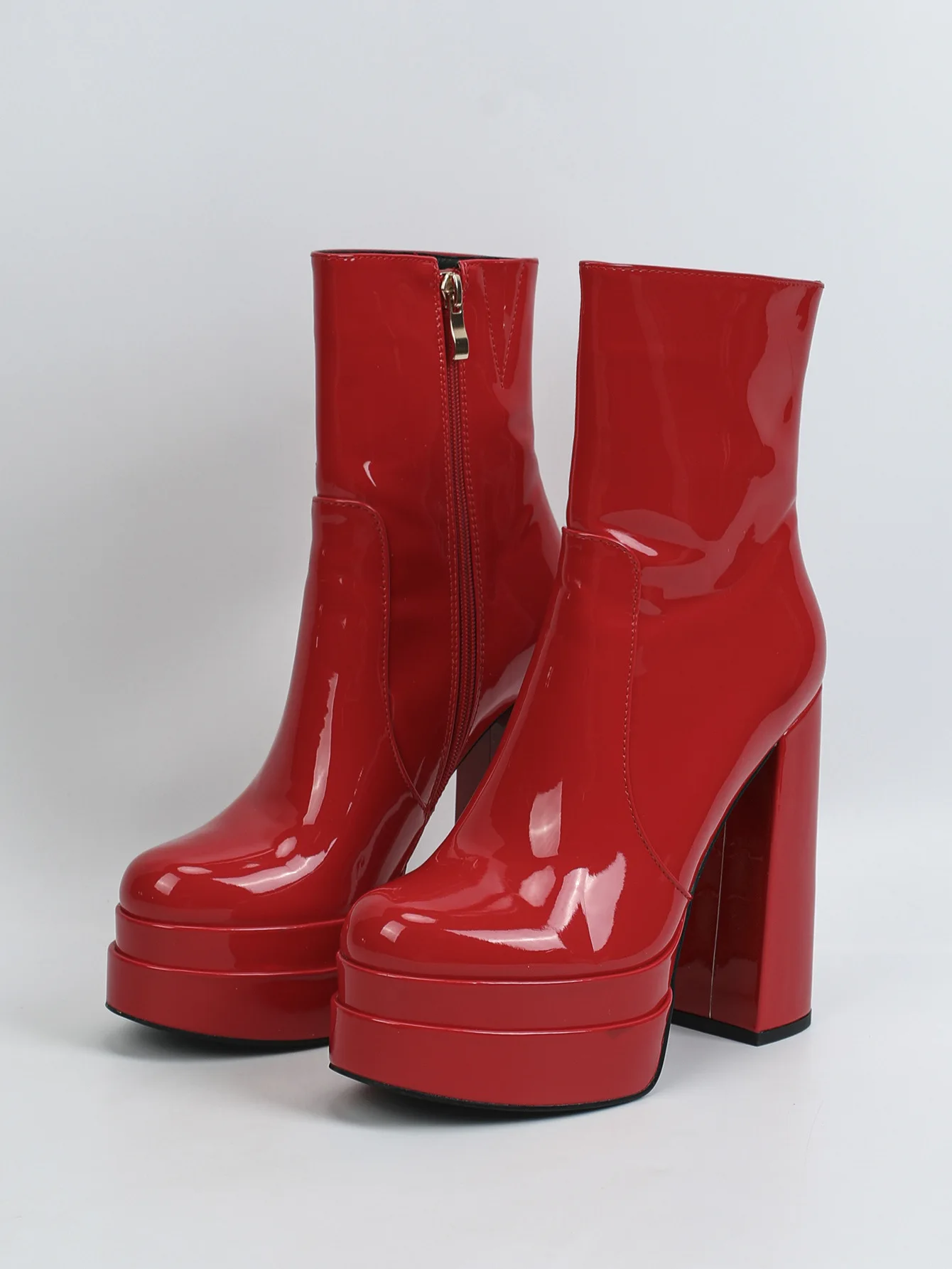 

Woman Graceful Patent Leather Platform Short Boots Female Chunky Heel Pointed Toe Side Zipper Red Black Pink Ankle Boots