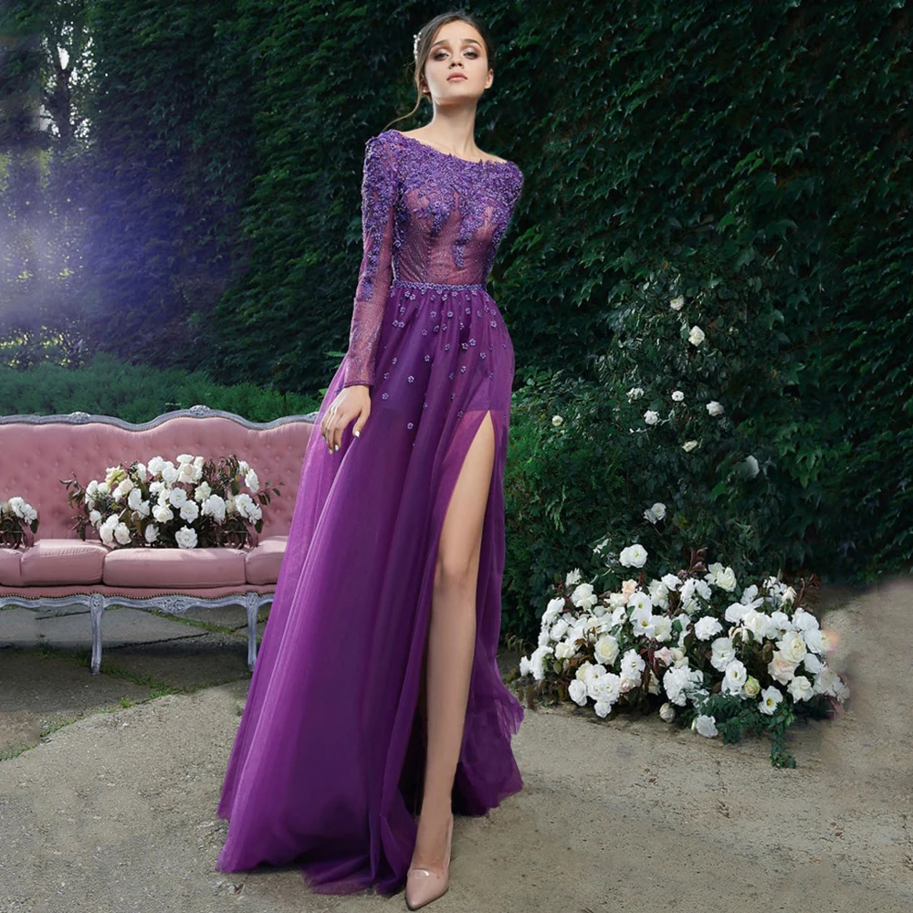 Delicate Applique Scoop Evening Dress Long Sleeve Classic Tulle A-Line High Side Slit Floor Length Open Back Ladies Party Gowns