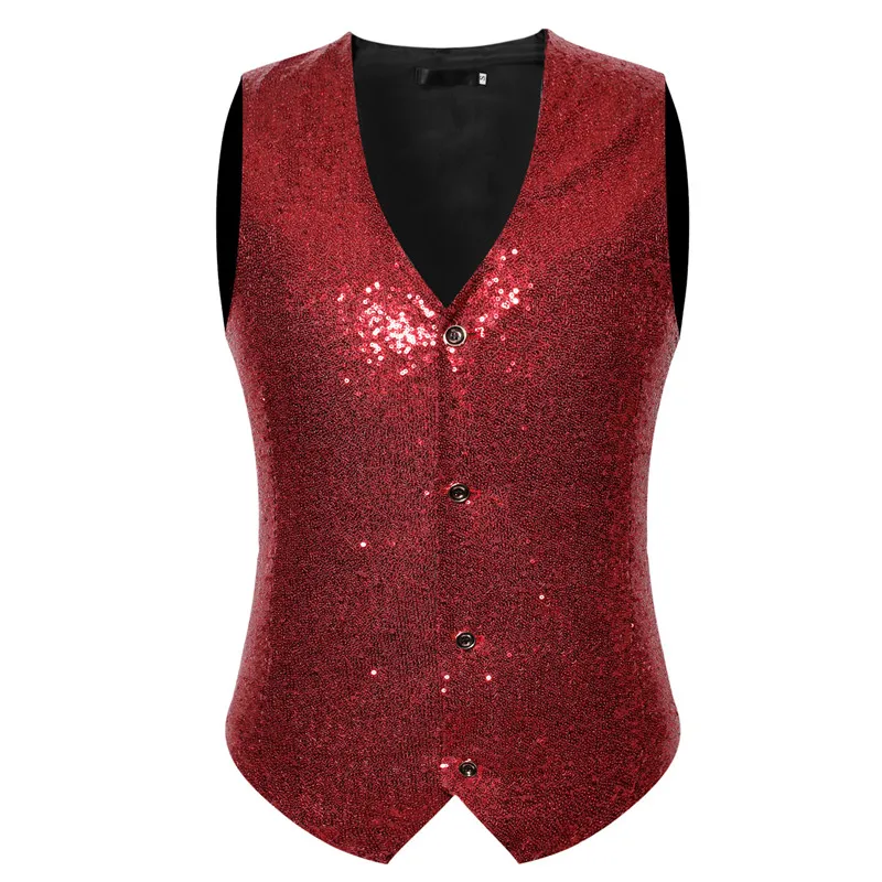 

Men's Red Paillette Waistcoat Vest 2022 Fashion Red Sequin Wedding Groom Suit Vest Gilet Men Nightclub DJ Bar Singers Costume