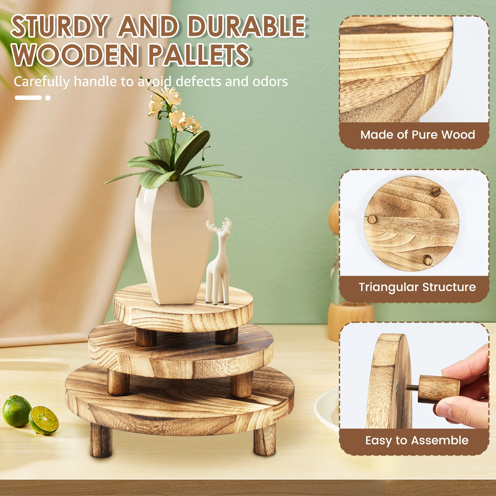 3Pcs Wooden Stool Display Stand 3 Sizes Wood Plant Stand Round Wood Riser with Removable Feet Holds up to 50lbs Wood Plant Riser