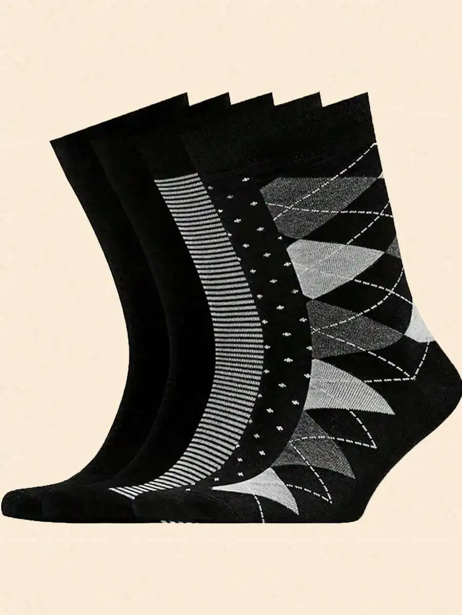 

5 Pairs Mens Mid-Calf Socks With Stripe Polka Dot Diamond Geometric Patterns Breathable Moisture Wicking