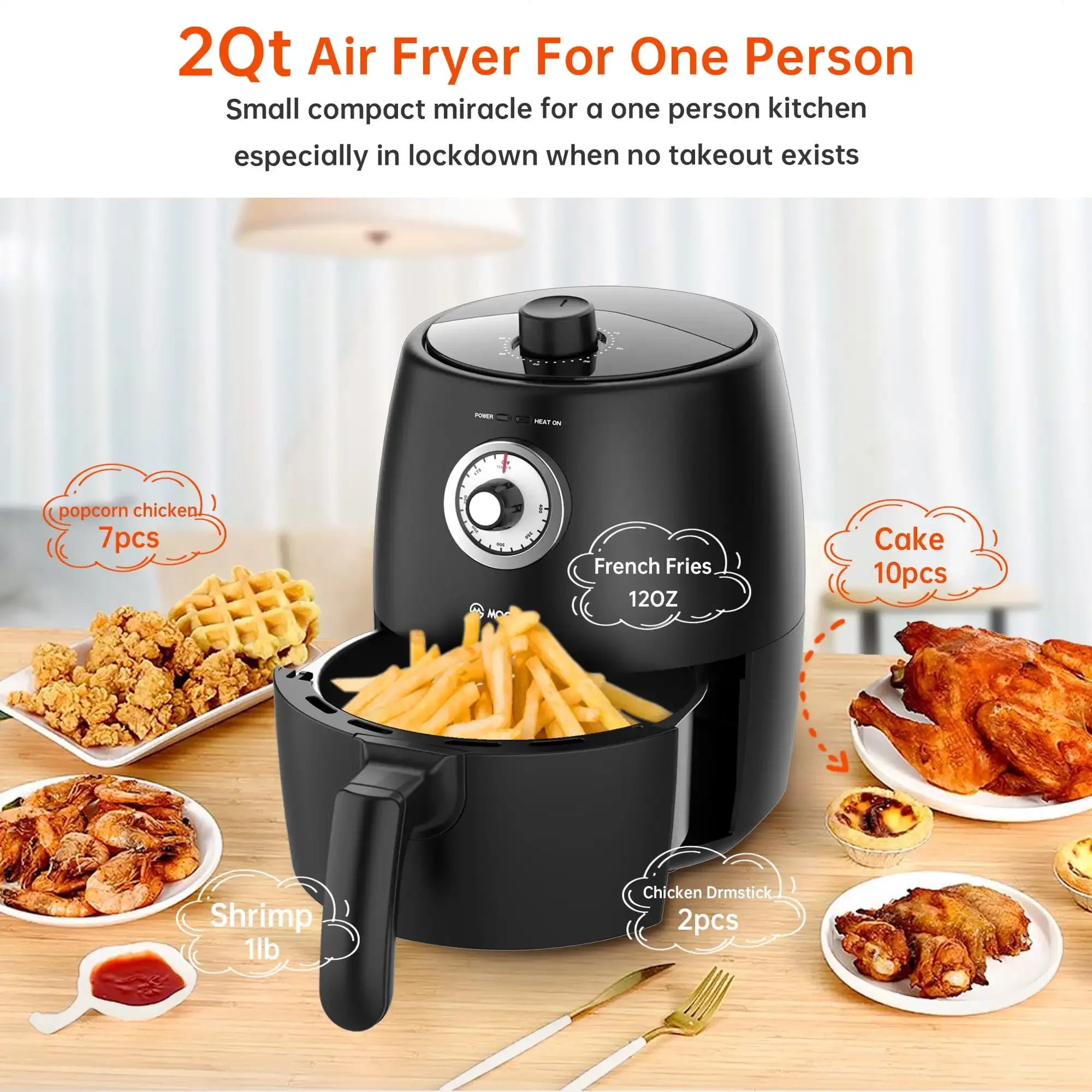 NEW 2 Quart Small Air Fryer with 50pcs Air Fryer Paper Liners, 1200W, New, Black, Nonstick Basket , 100 Recipes