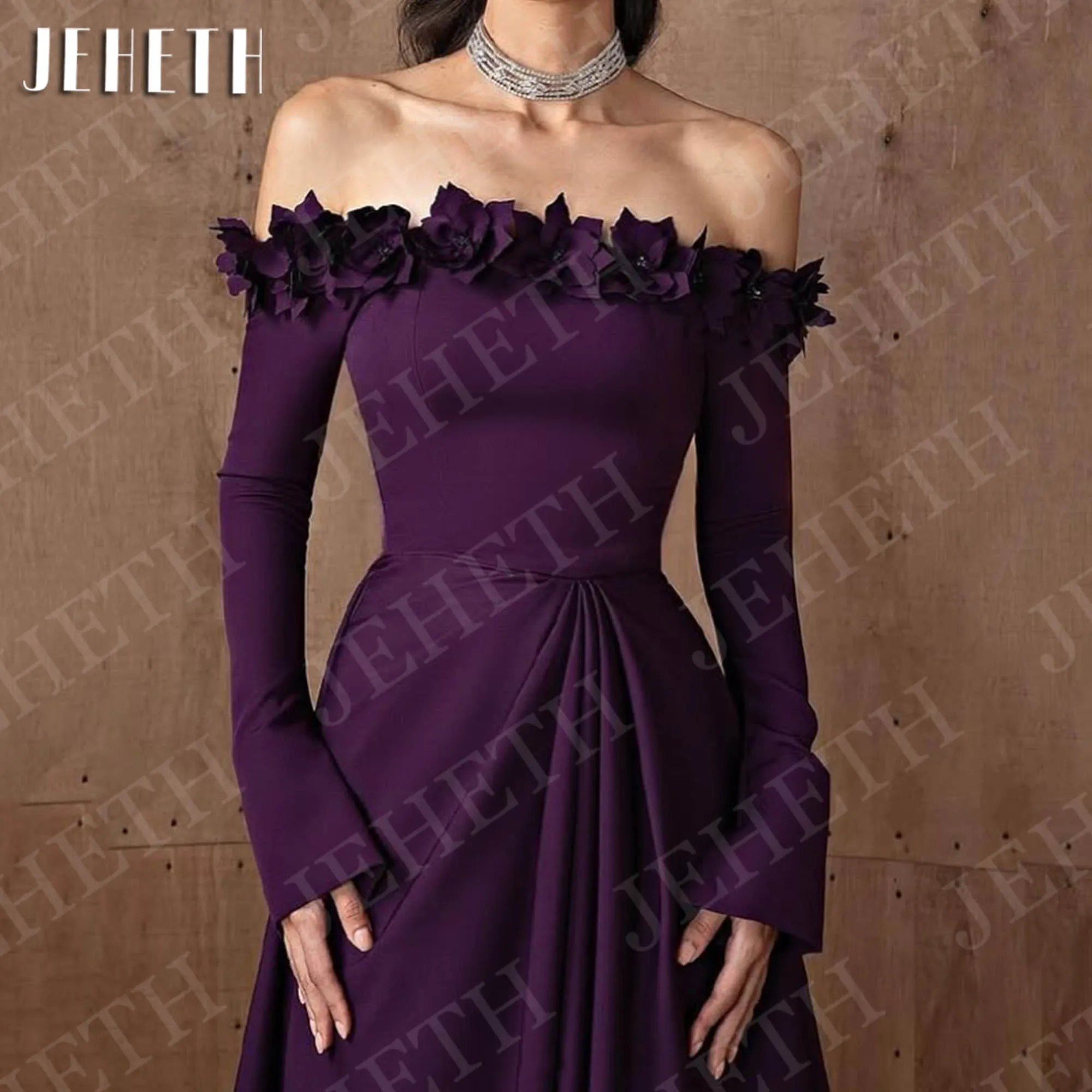 JEHETH オフショルダー長袖イブニングドレス女性用花柄エレガントパープル特別な日のドレスカスタマイズされたカスタマイズされた女性の花の優雅な紫色の特別な機会のドレスのための肩の長袖の夕方のドレス