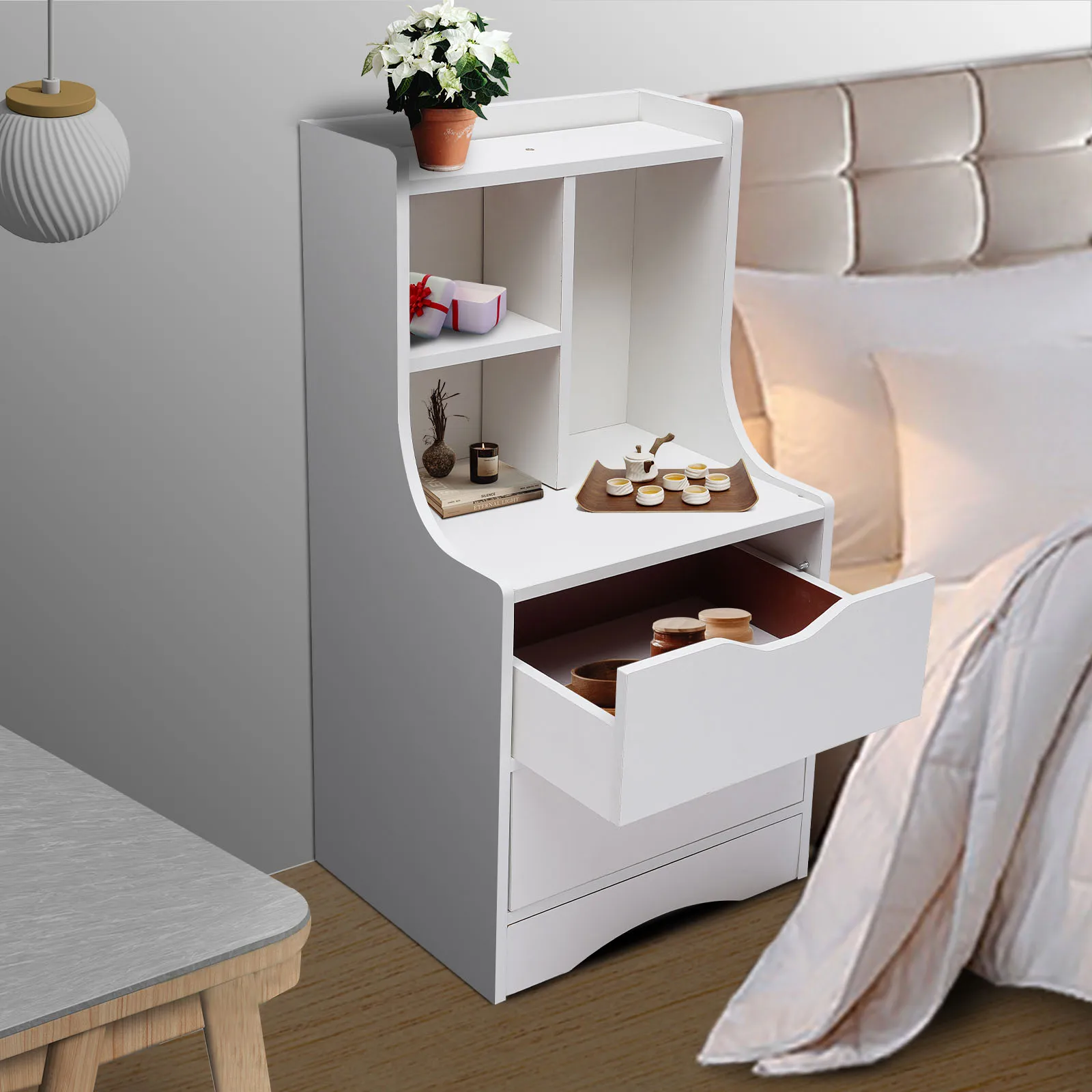 2 Drawers Dresser with Top Cabinet Storage Nightstand End Bedside Table Storage Cabinet Chest of Drawers with Open Shelf White