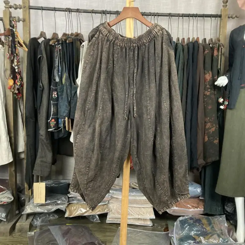 

2025 Spring Summer New Arts Style Women Elastic Waist Loose Calf-length Pants Vintage Gray 100% Cotton Harem Pants High Quality