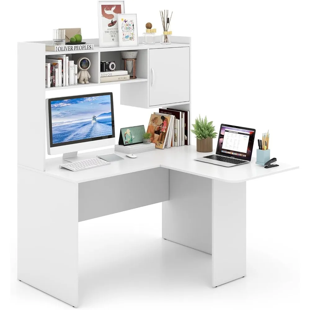 

L-shaped office desk, white corner desk with storage rack and cabinet, laptop desk, gaming computer desk, workstation