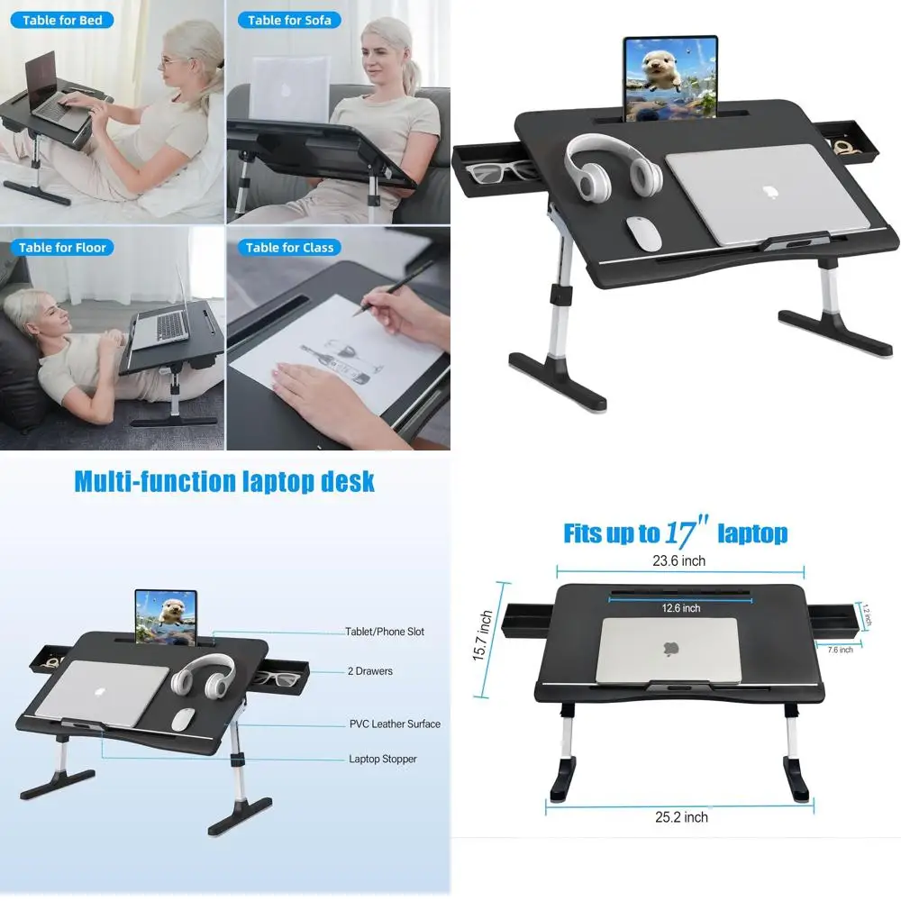 

Bed Desk for Laptop, Adjustable Lap Desk with 2 Storage Drawers, Premium PVC Leather, Foldable Laptop Table for Eating, Working,
