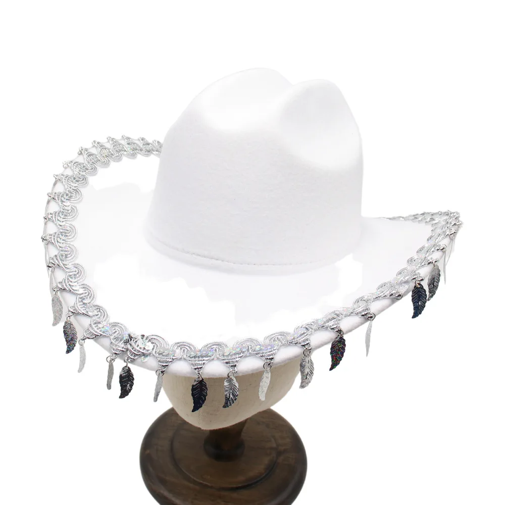 

European And American White Feather Hat Western Cowboy Hat Ethnic Style Fedora Hat Dyed Edge Felt Cap Woolen Hat Men And Women