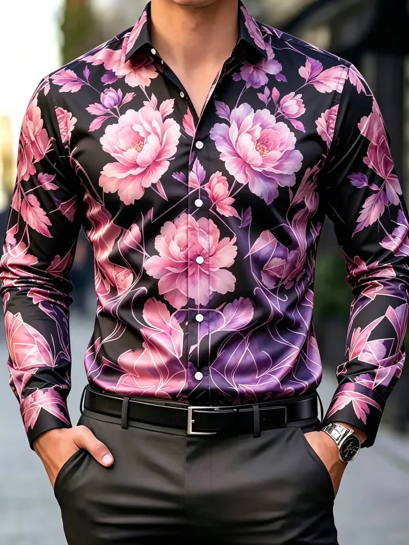 New Men's Cowboy Boots Cactus Cross Star Western Style Printed Long Sleeve Shirt Matte Smooth Satin Collar Top