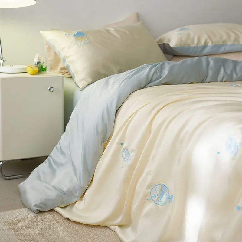 Premium Class A 100 Lenzing Tencel Four-piece Set Cute Embroidery Silky Sleeping Naked Sheet Quilt Cover Bedding