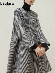 Lautaro Autumn Winter Black and White Zigzag Woolen Coat Women Sashes A Line Loose Elegant Stylish Runway Korean Fashion 2022