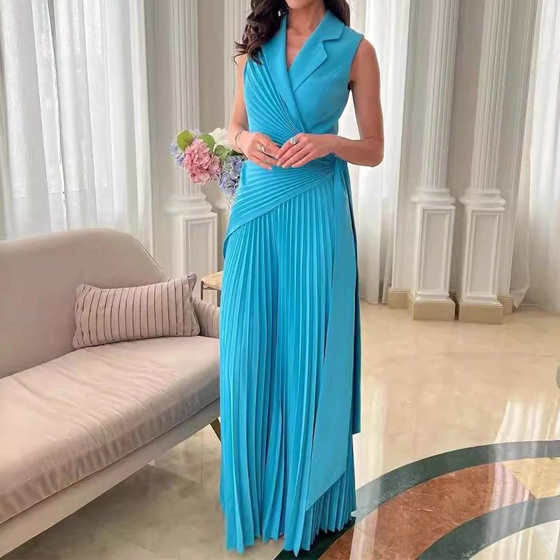 Office Ladies Lapel High Waist Romper Sexy Hollow Out Sleeveless Lace Up Pleated Jumpsuit Fashion Solid Color Wide Leg Playsuit