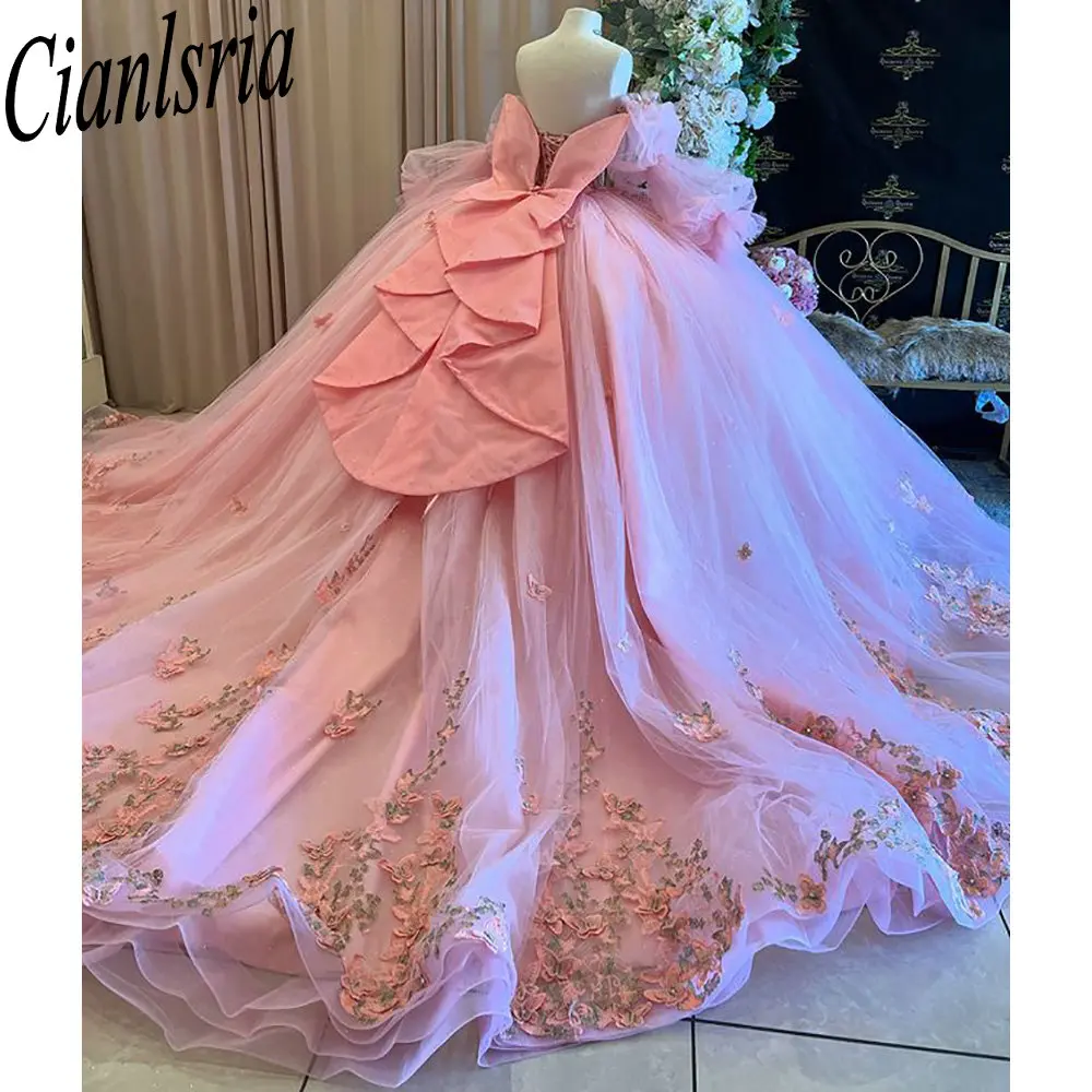 

Розовые иллюзионные платья Quinceanera с длинными рукавами и бантом, бальное платье, корсет с 3D бабочкой и бисером, Vestidos De XV Anos