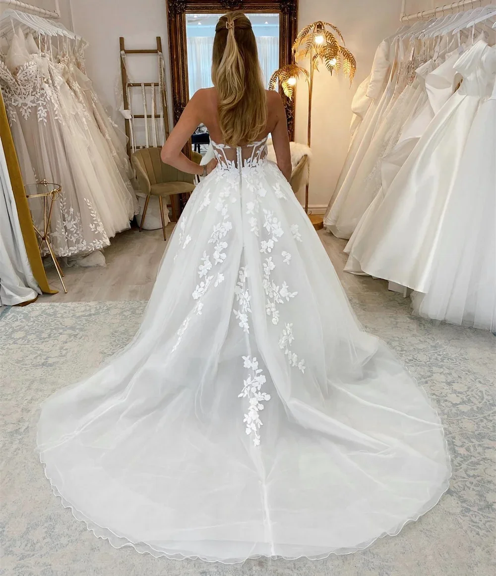 ROYCE Fiori Sweetheart Senza maniche Applicazioni in pizzo Abito da sposa Spacco alto Lunghezza pavimento Vintage Sweep Train Abito da sposa da donna