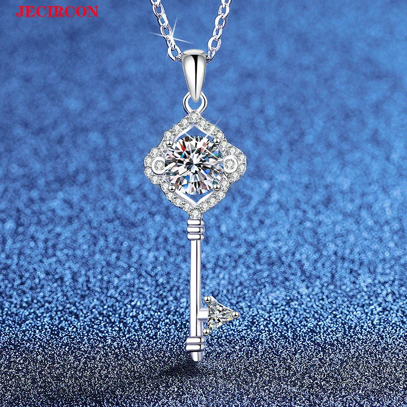 

JECIRCON S925 Sterling Silver Moissanite Necklace for Women, Fashion 1 Carat Key Pendant Clavicle Chain, Korean Trendy Jewelry