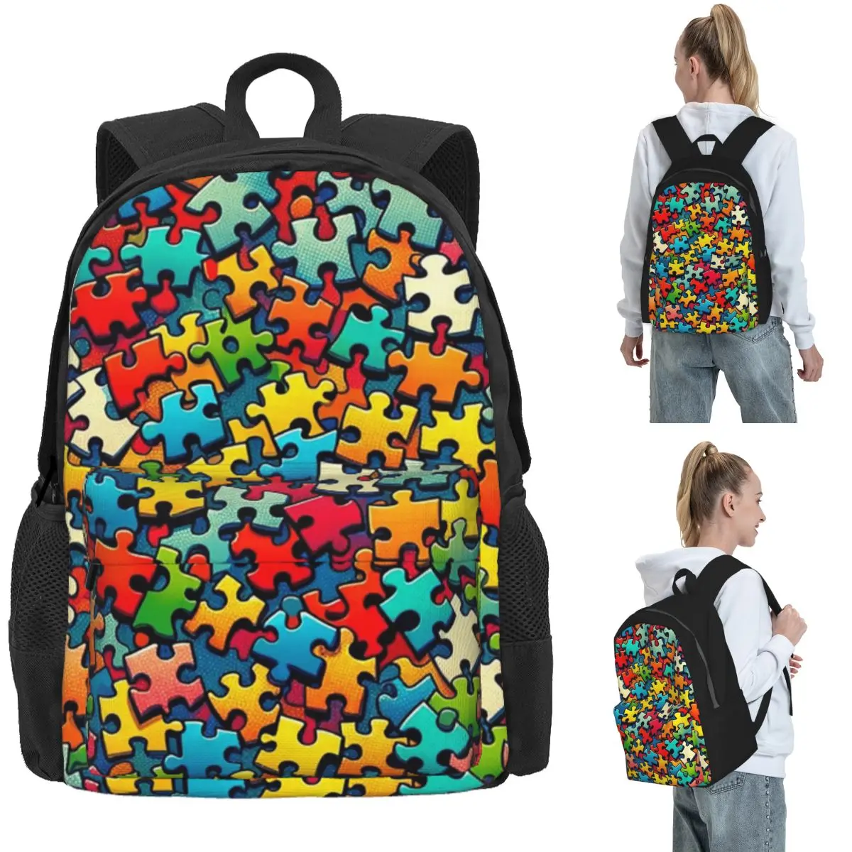Autism Awareness Colorful Puzzle Piece Print Backpack Daypack Large Capacity Kids BookBag School Bag Shoulder Bags for Men Women