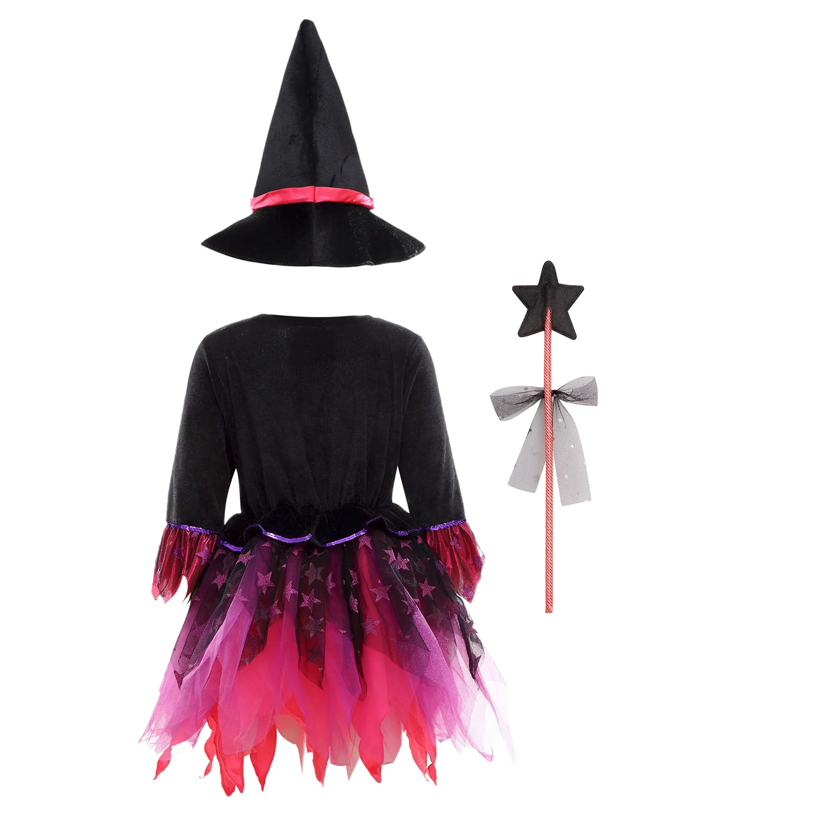 Children Girls Halloween Witch Wizard Cosplay Costume Long Sleeve Velvet Tutu Dress with Hat Magic Wand for Theme Party Carnival