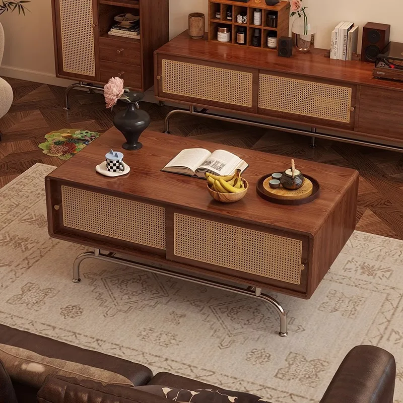 

！@Nordic Modern Solid Wood TV Stand Coffee Table Combination Simple Rattan Storage Floor Cabinet for Small Cabinet Living Room