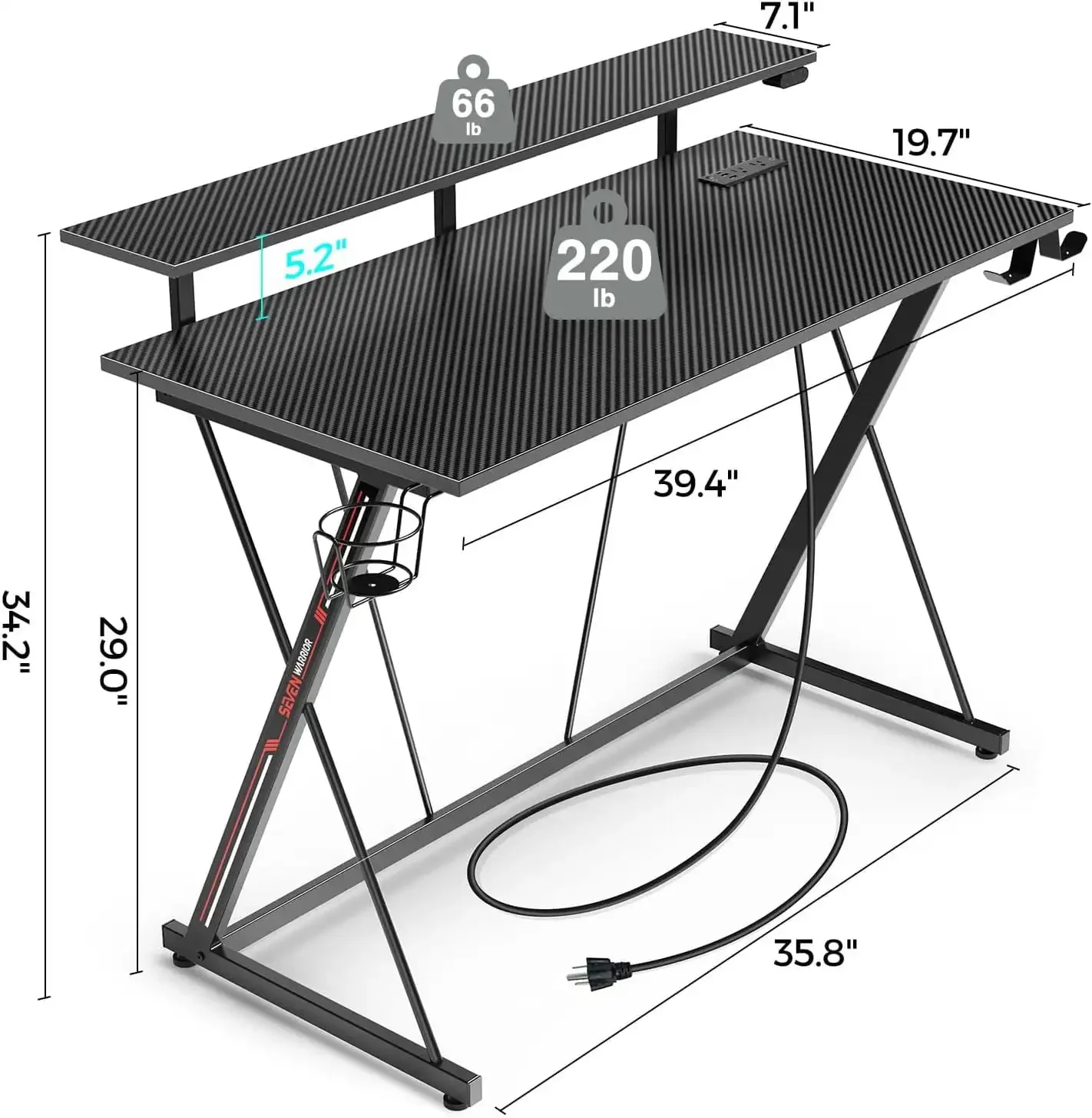 Bureau de jeu avec lumières LED et prises de courant, bureau d'ordinateur de 31,5" avec étagère pour moniteur