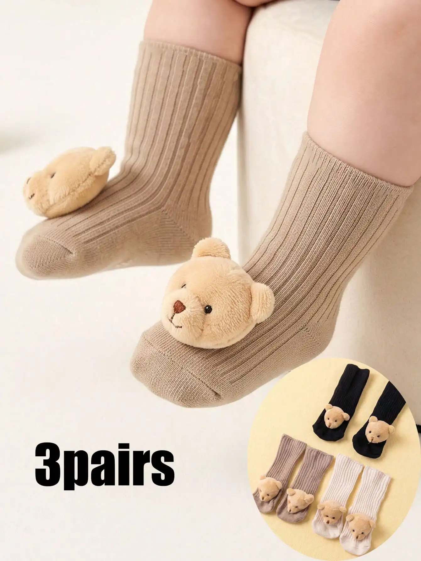 3Pairs 3‑24M Kids 3D Cartoon Bear Mid Calf Crew Socks Set, Unisex Boys Girls Multi‑Color Cotton Socks for All‑Season Daily Wear